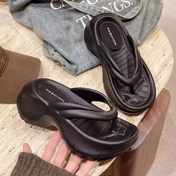 NEW Black Women's Solid Color Flip Flops Casual Wedge Platform Sandal size 5.5-6 - Picture 6 of 11